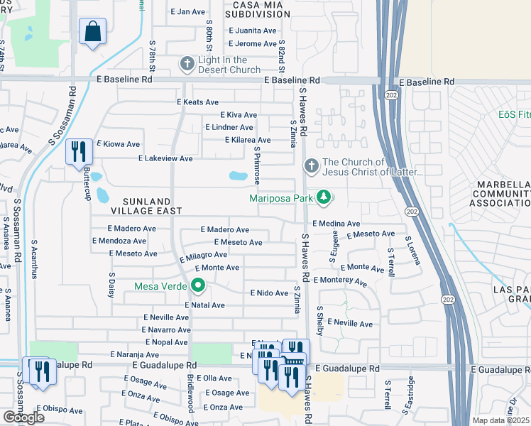 map of restaurants, bars, coffee shops, grocery stores, and more near 8307 East Medina Avenue in Mesa