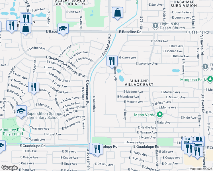 map of restaurants, bars, coffee shops, grocery stores, and more near 2418 South Buttercup in Mesa