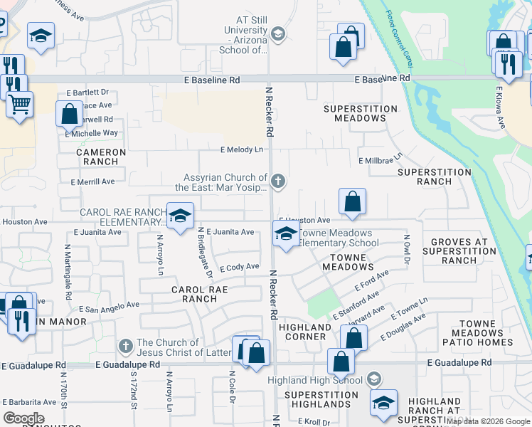 map of restaurants, bars, coffee shops, grocery stores, and more near 1171 North Joshua Tree Lane in Gilbert