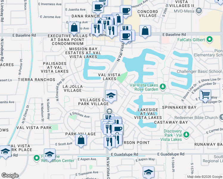 map of restaurants, bars, coffee shops, grocery stores, and more near 1633 East Lakeside Drive in Gilbert