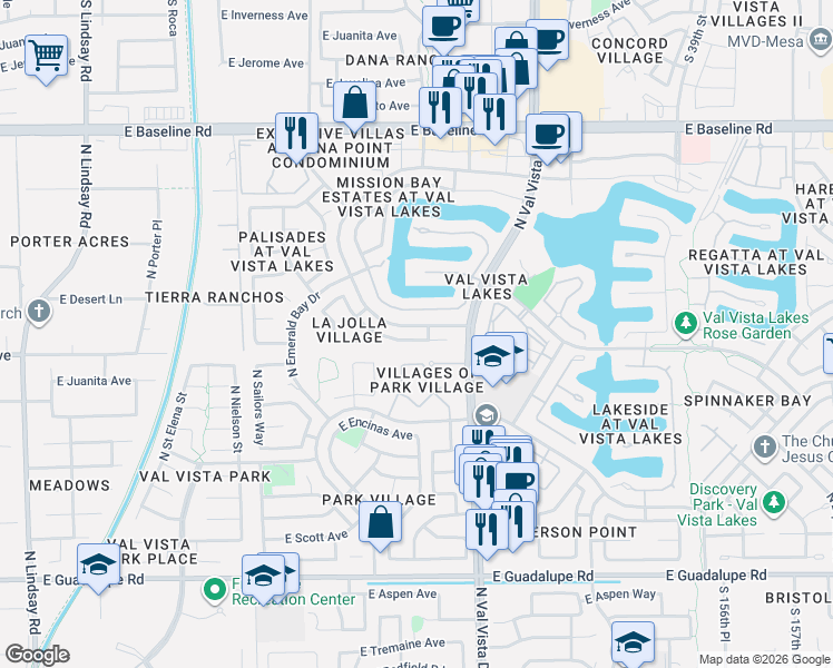 map of restaurants, bars, coffee shops, grocery stores, and more near 1507 East Beacon Drive in Gilbert