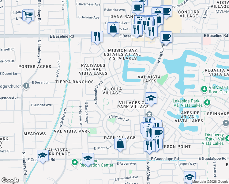 map of restaurants, bars, coffee shops, grocery stores, and more near 1423 East Beacon Drive in Gilbert