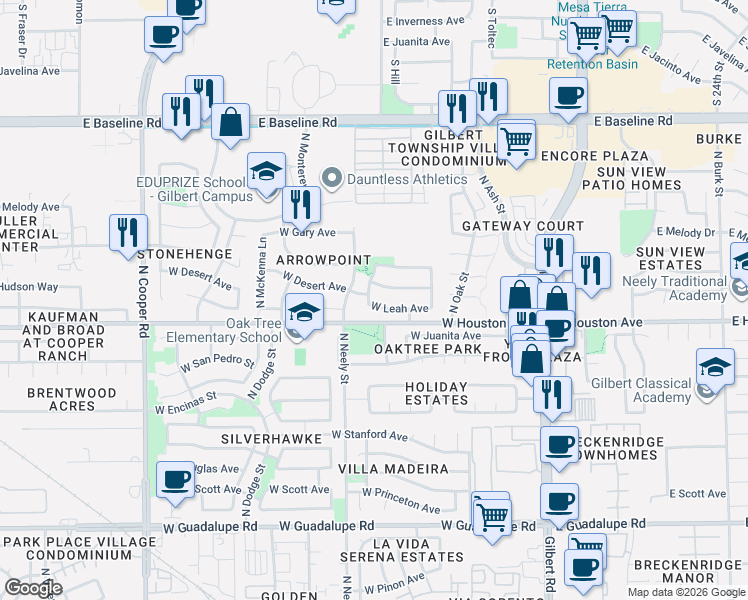 map of restaurants, bars, coffee shops, grocery stores, and more near 351 West Leah Avenue in Gilbert