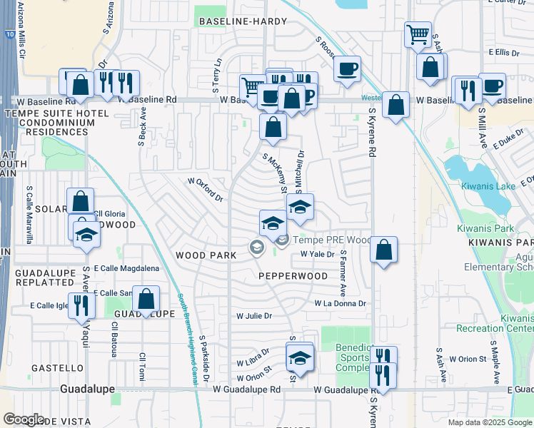 map of restaurants, bars, coffee shops, grocery stores, and more near 819 West Fordham Drive in Tempe