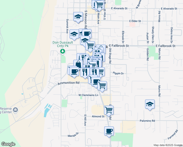 map of restaurants, bars, coffee shops, grocery stores, and more near 1125 South Main Avenue in Fallbrook