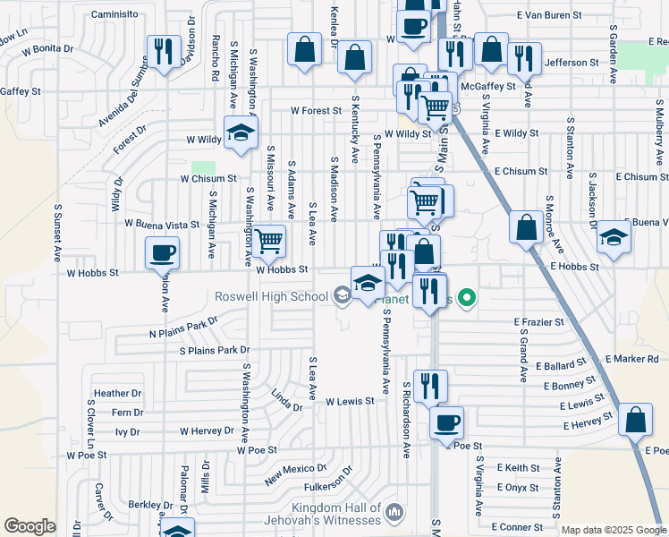 map of restaurants, bars, coffee shops, grocery stores, and more near 500 West Hobbs Street in Roswell