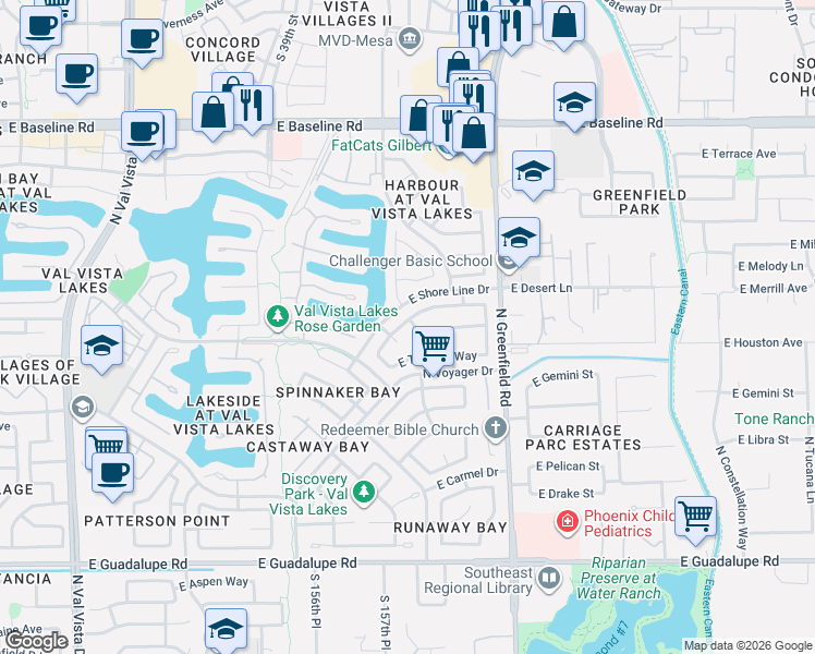 map of restaurants, bars, coffee shops, grocery stores, and more near 2235 East Indigo Bay Drive in Gilbert