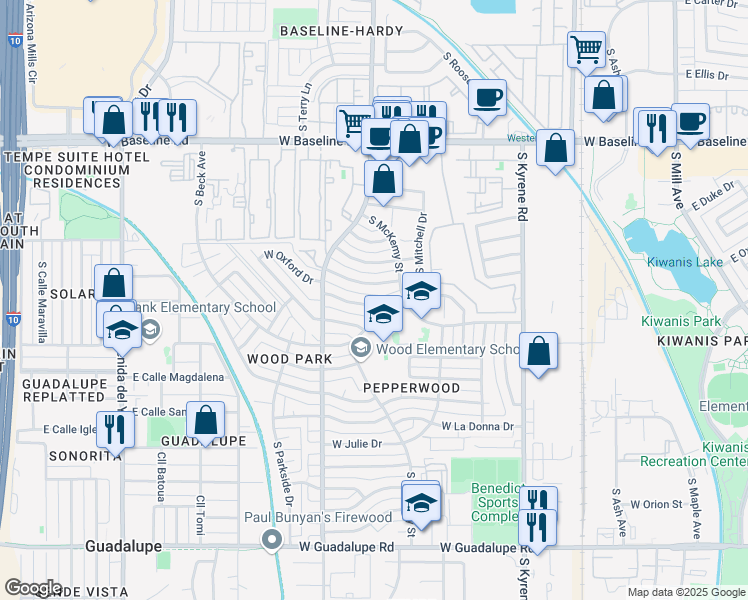 map of restaurants, bars, coffee shops, grocery stores, and more near 819 West Fordham Drive in Tempe