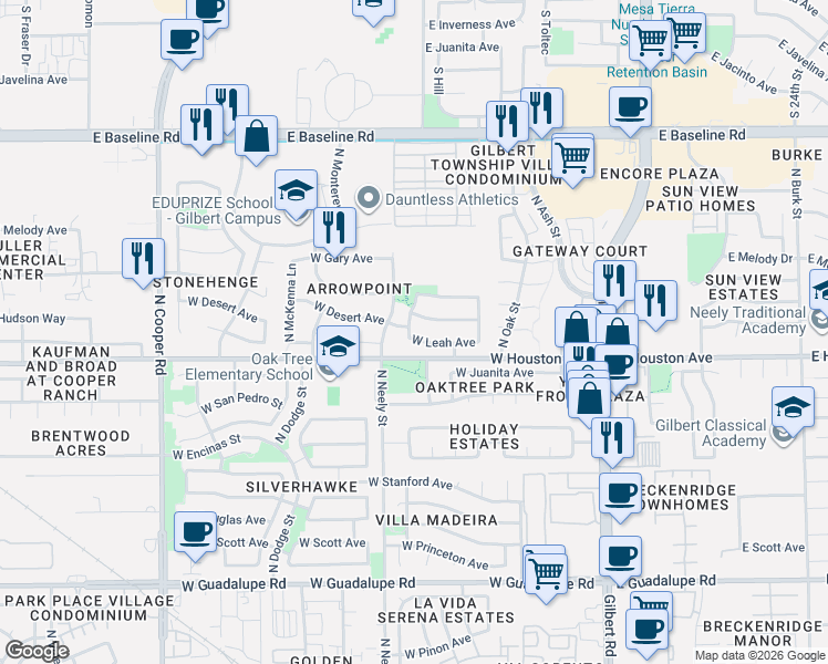 map of restaurants, bars, coffee shops, grocery stores, and more near 351 West Leah Avenue in Gilbert