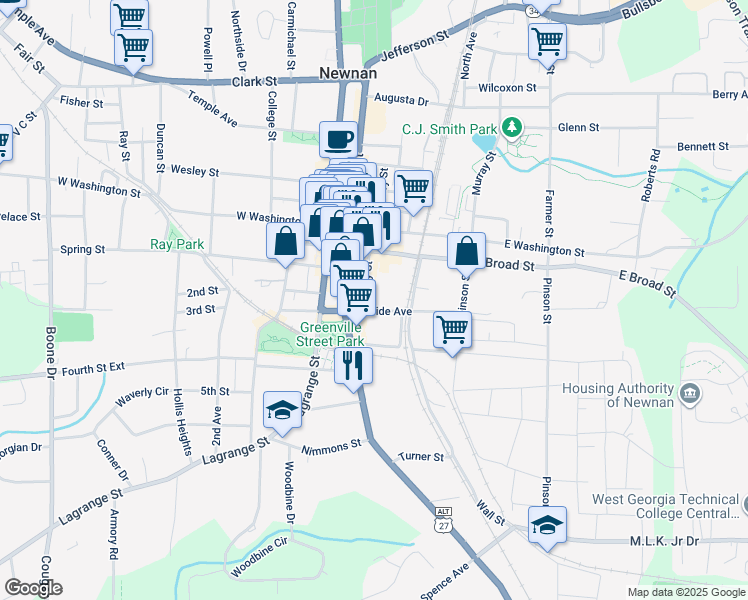 map of restaurants, bars, coffee shops, grocery stores, and more near 32 Salbide Avenue in Newnan
