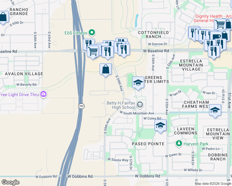 map of restaurants, bars, coffee shops, grocery stores, and more near 8225 South 59th Avenue in Phoenix