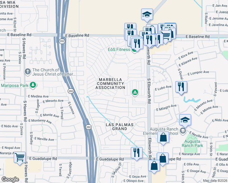 map of restaurants, bars, coffee shops, grocery stores, and more near 1st Street in Mesa