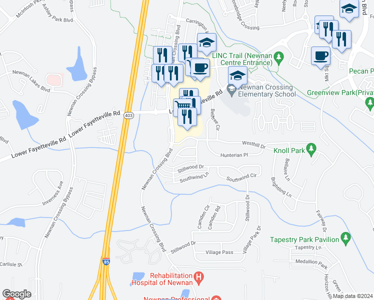 map of restaurants, bars, coffee shops, grocery stores, and more near 122 Seabreeze Court in Newnan