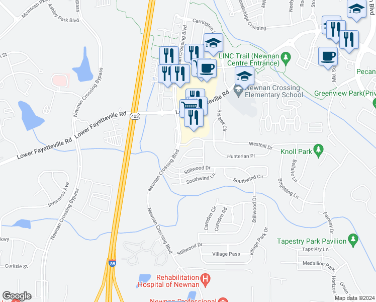 map of restaurants, bars, coffee shops, grocery stores, and more near Seabreeze Court in Newnan