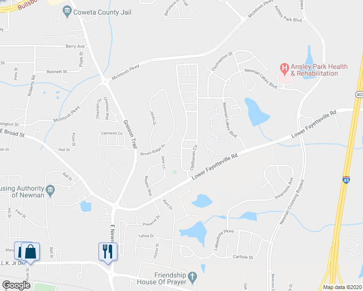 map of restaurants, bars, coffee shops, grocery stores, and more near 365 Cliffhaven Circle in Newnan