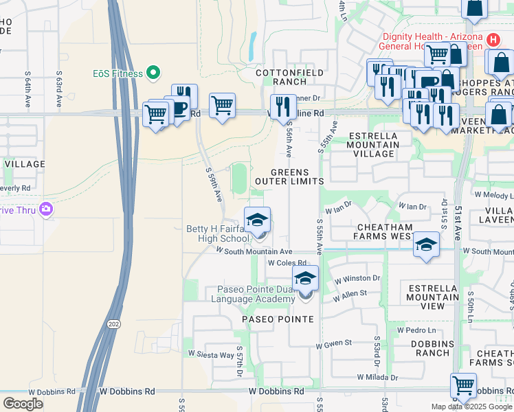 map of restaurants, bars, coffee shops, grocery stores, and more near 8225 South 59th Avenue in Phoenix