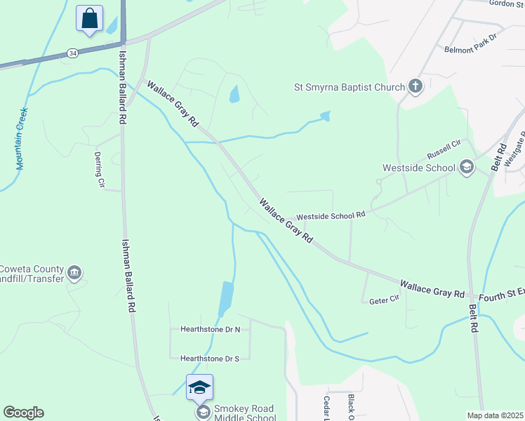map of restaurants, bars, coffee shops, grocery stores, and more near 134 Mineral Springs Lane in Newnan