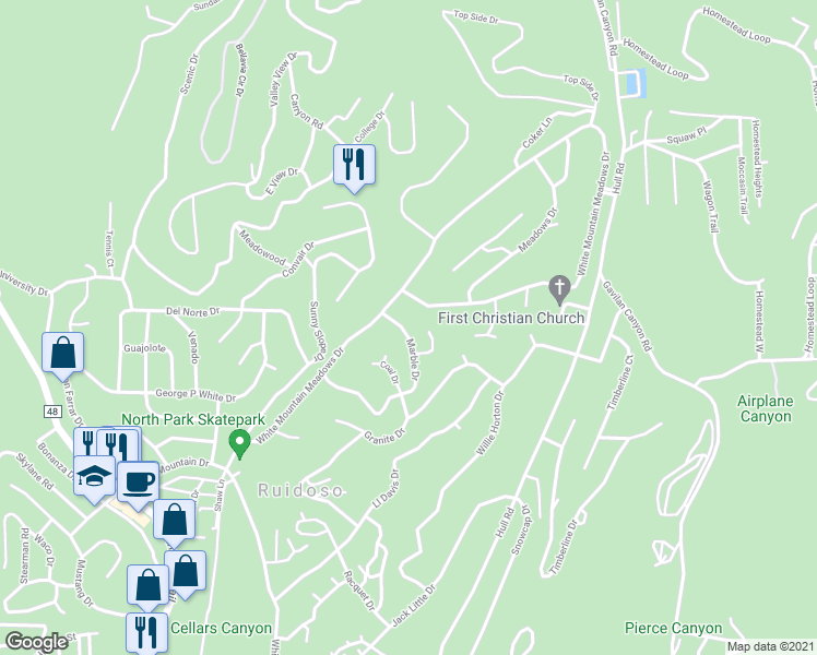 map of restaurants, bars, coffee shops, grocery stores, and more near 305 Marble Drive in Ruidoso