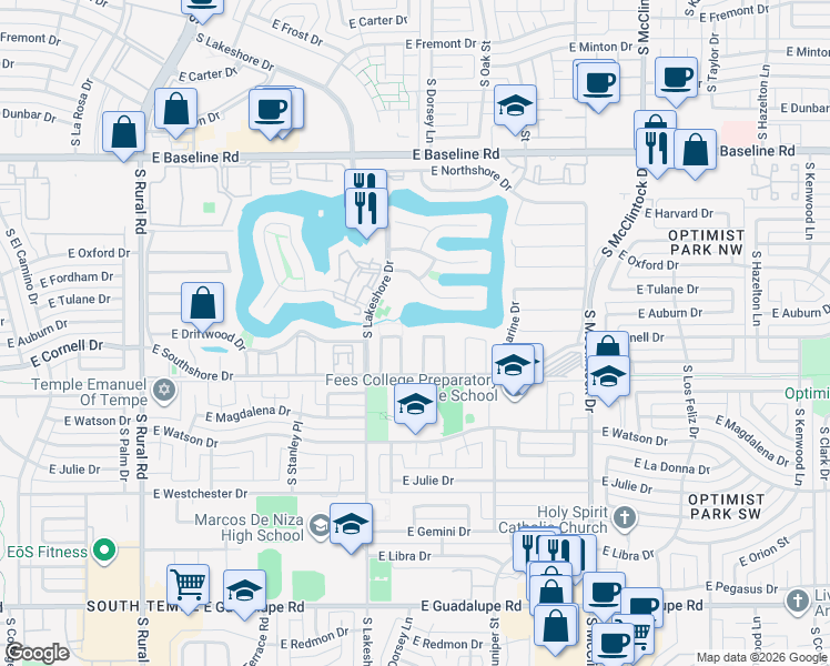 map of restaurants, bars, coffee shops, grocery stores, and more near 5614 South Rocky Point Road in Tempe