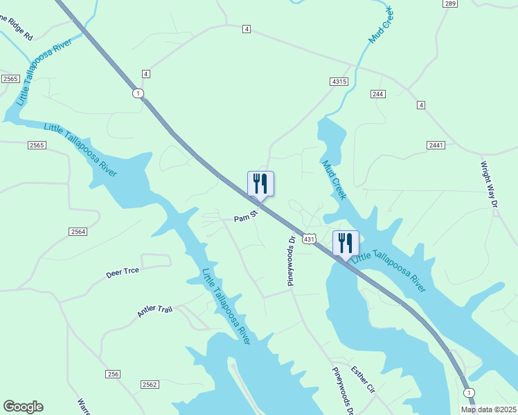 map of restaurants, bars, coffee shops, grocery stores, and more near 55 Pam Street in Wedowee