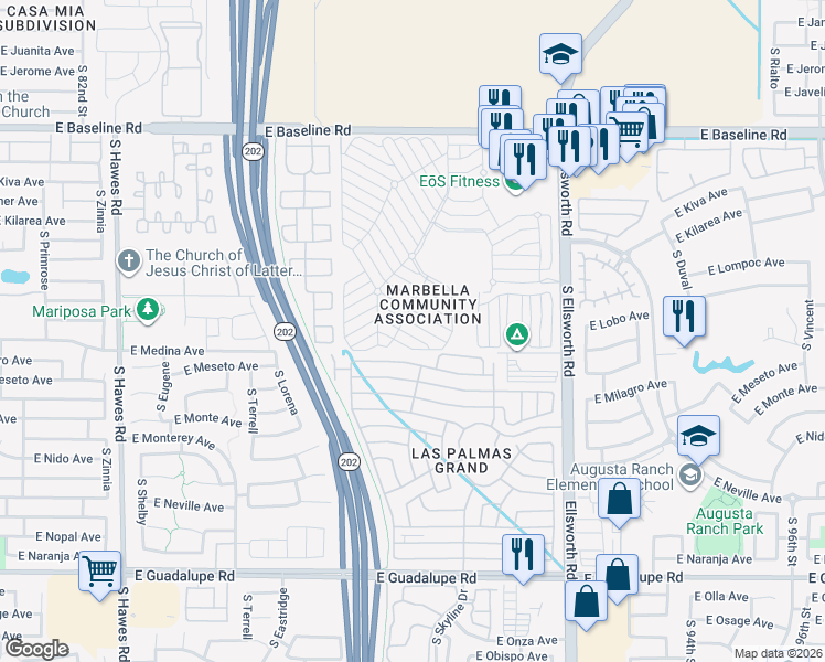 map of restaurants, bars, coffee shops, grocery stores, and more near Vista Dr S in Mesa