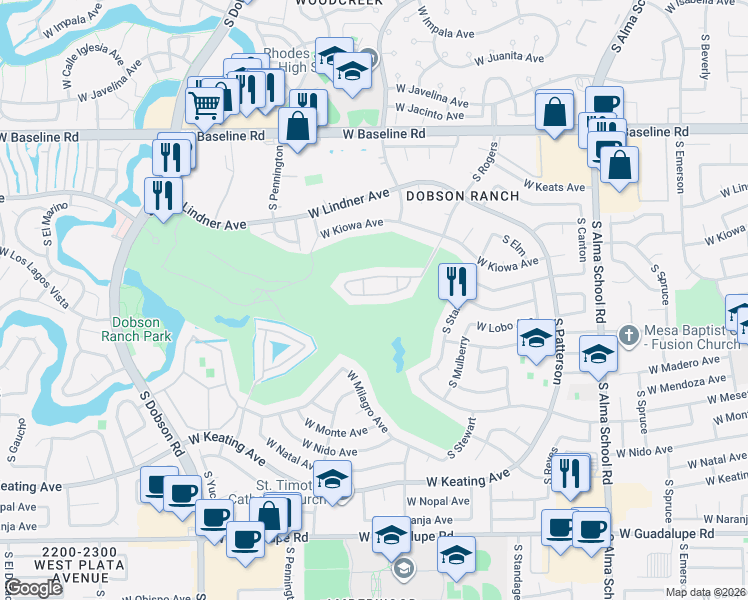 map of restaurants, bars, coffee shops, grocery stores, and more near 2322 South Rogers in Mesa