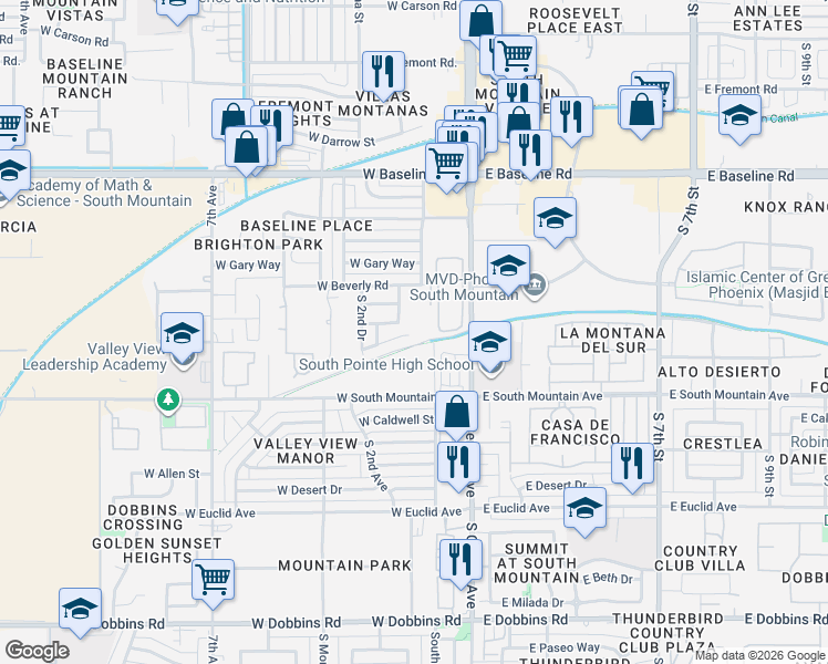 map of restaurants, bars, coffee shops, grocery stores, and more near 124 West Highline Canal Street in Phoenix