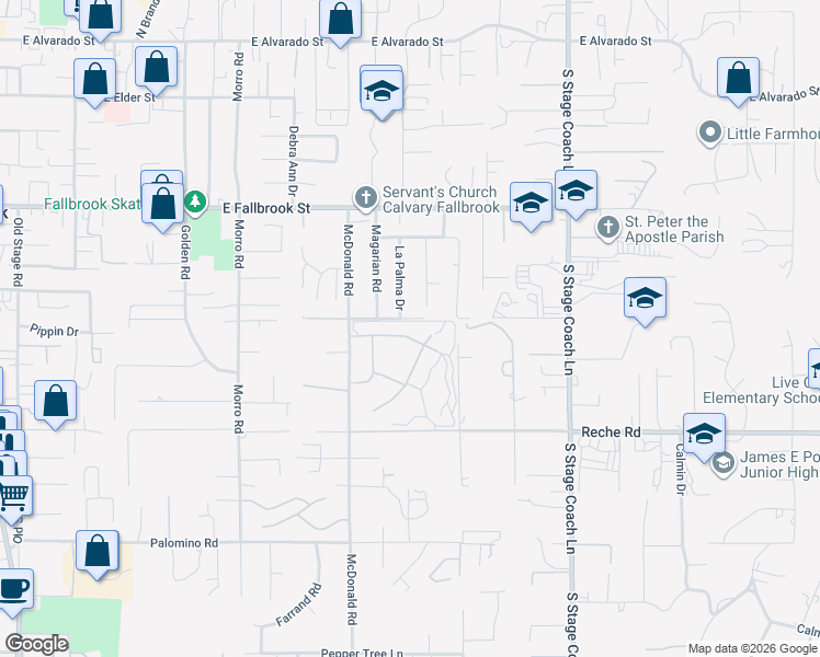 map of restaurants, bars, coffee shops, grocery stores, and more near 1181 North Crescent Ridge Road in Fallbrook