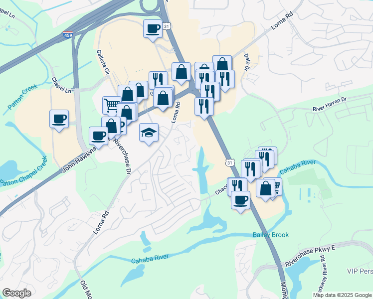 map of restaurants, bars, coffee shops, grocery stores, and more near 2500 Chace Lake Drive in Hoover