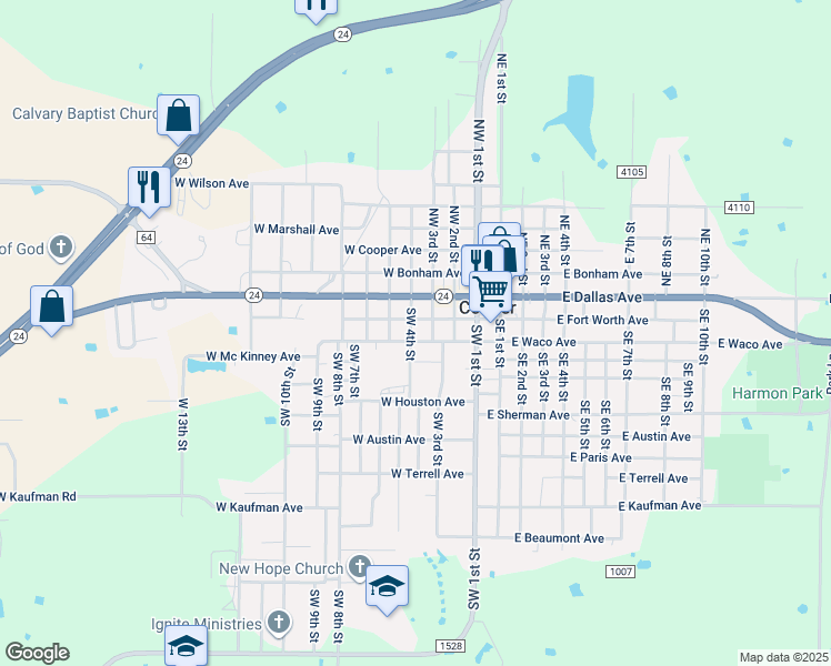 map of restaurants, bars, coffee shops, grocery stores, and more near 120 West Houston Avenue in Cooper