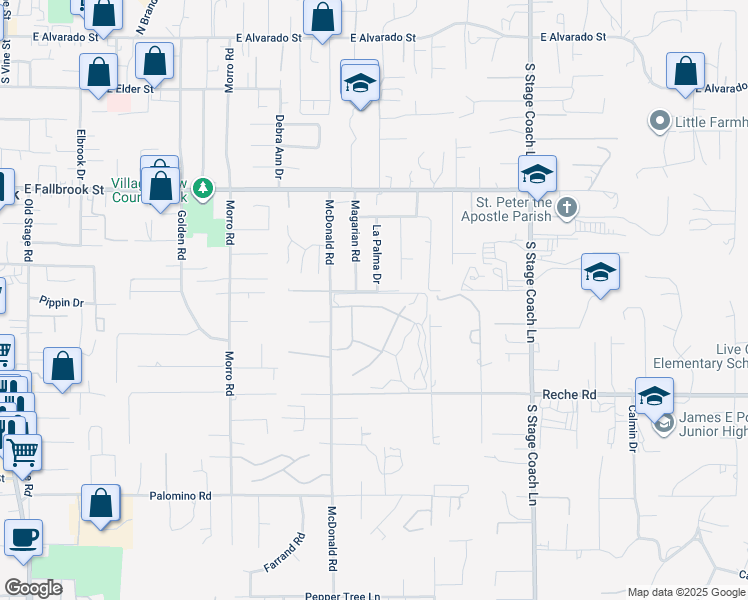 map of restaurants, bars, coffee shops, grocery stores, and more near 1150 North Crescent Ridge Road in Fallbrook
