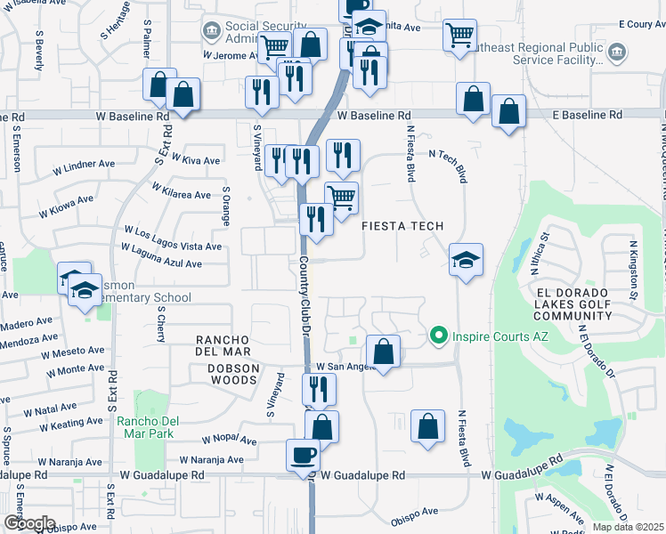 map of restaurants, bars, coffee shops, grocery stores, and more near 1225 North Arizona Avenue in Gilbert