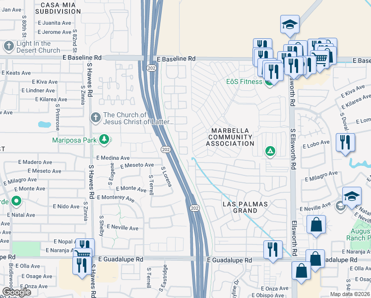 map of restaurants, bars, coffee shops, grocery stores, and more near 8751 East Lobo Avenue in Mesa
