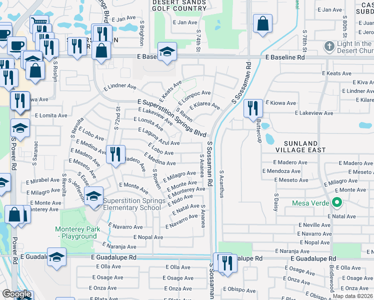 map of restaurants, bars, coffee shops, grocery stores, and more near 7522 East Lobo Avenue in Mesa