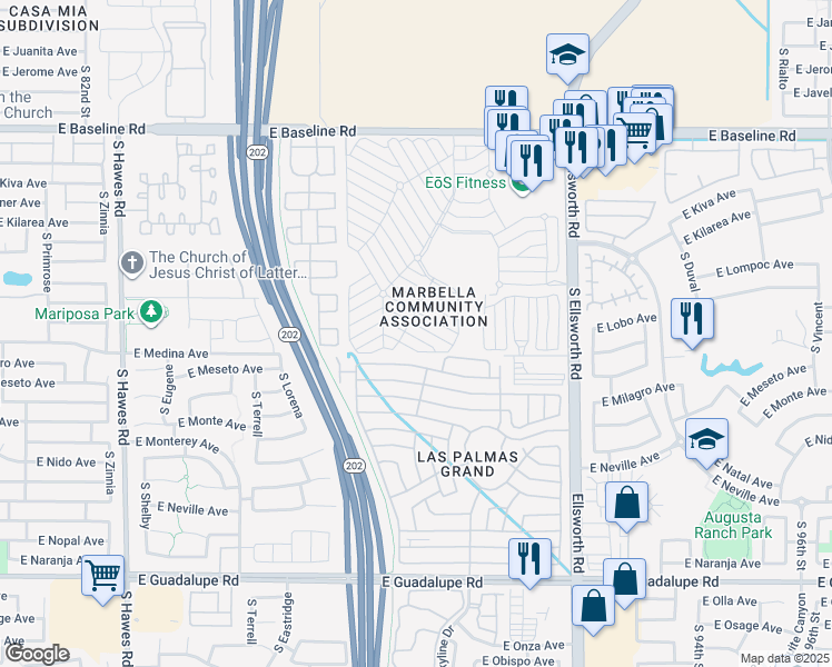 map of restaurants, bars, coffee shops, grocery stores, and more near Vista Dr S in Mesa