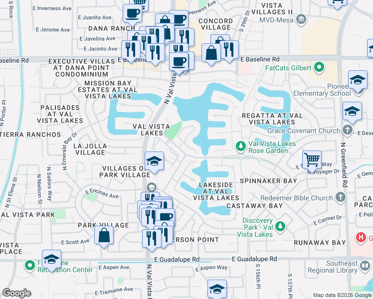 map of restaurants, bars, coffee shops, grocery stores, and more near 1700 East Lakeside Drive in Gilbert