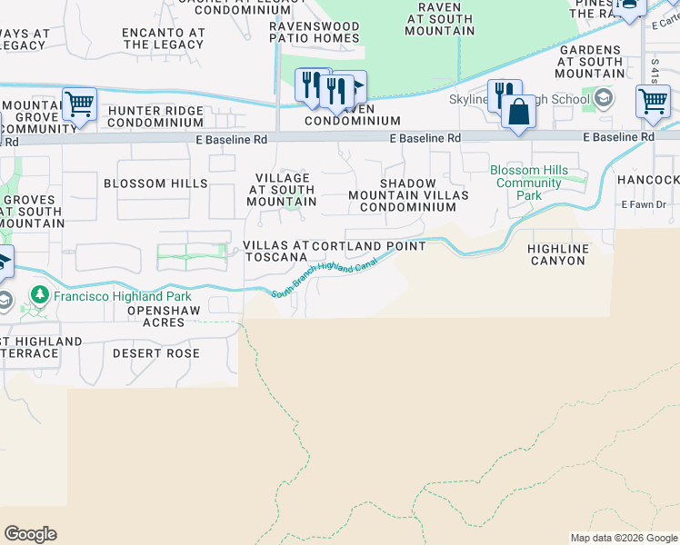 map of restaurants, bars, coffee shops, grocery stores, and more near 3425 East Highline Canal Road in Phoenix