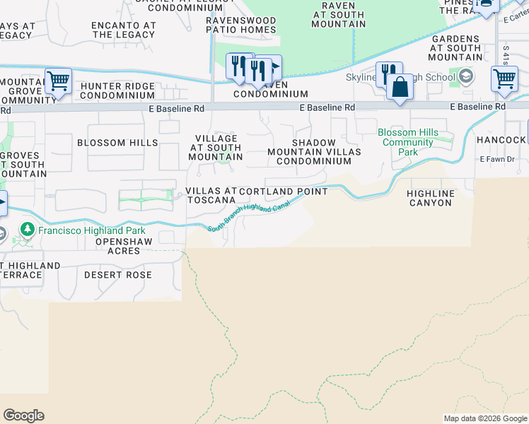 map of restaurants, bars, coffee shops, grocery stores, and more near 3425 East Highline Canal Road in Phoenix