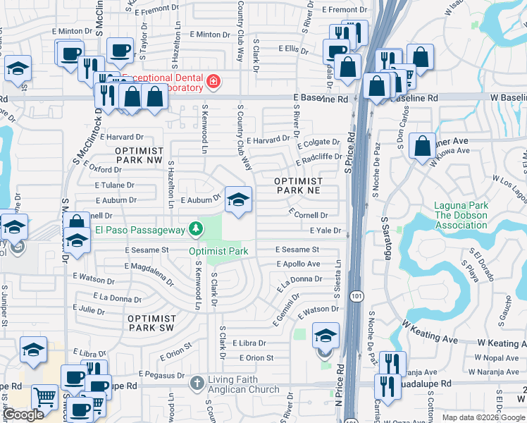 map of restaurants, bars, coffee shops, grocery stores, and more near 2028 East Yale Drive in Tempe
