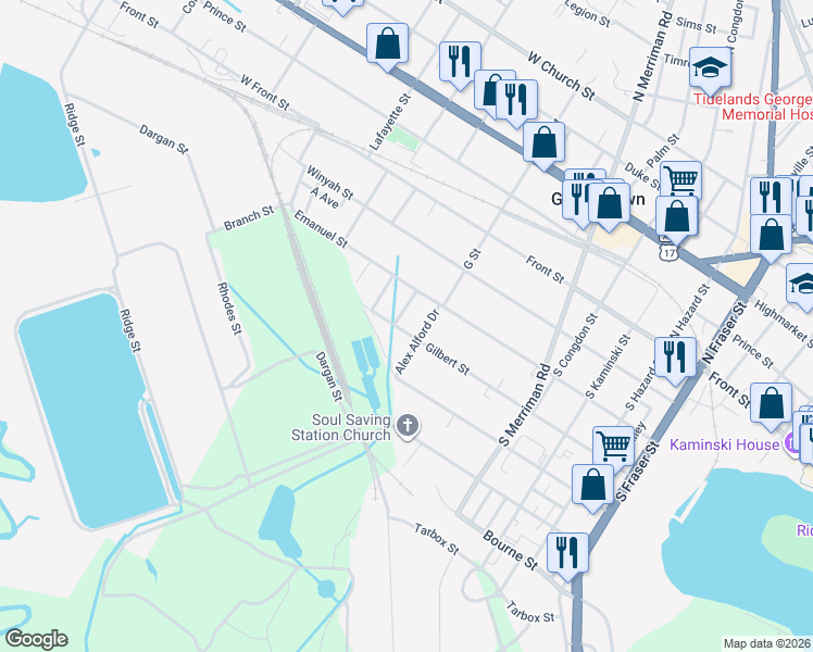 map of restaurants, bars, coffee shops, grocery stores, and more near 406 Alex Alford Drive in Georgetown