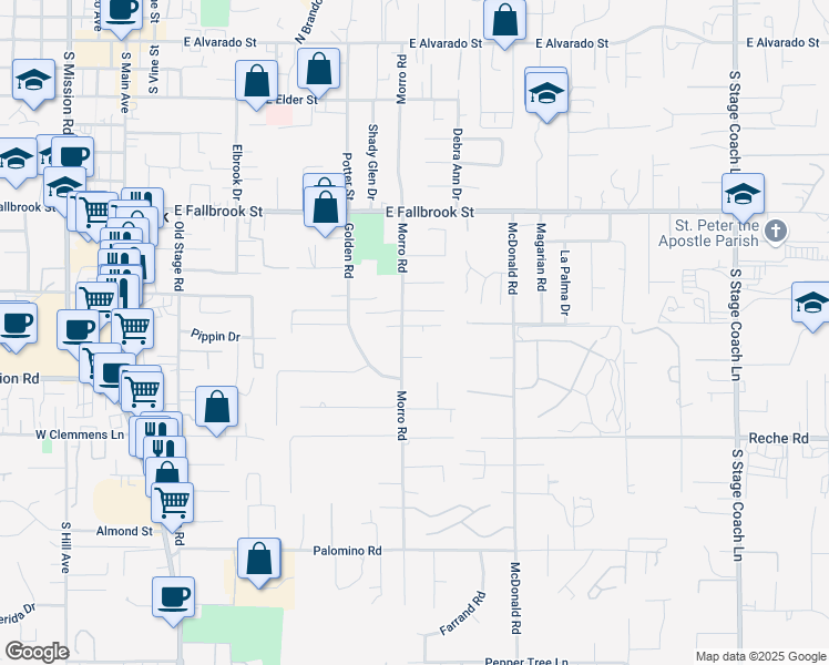 map of restaurants, bars, coffee shops, grocery stores, and more near 944 Morro Road in Fallbrook