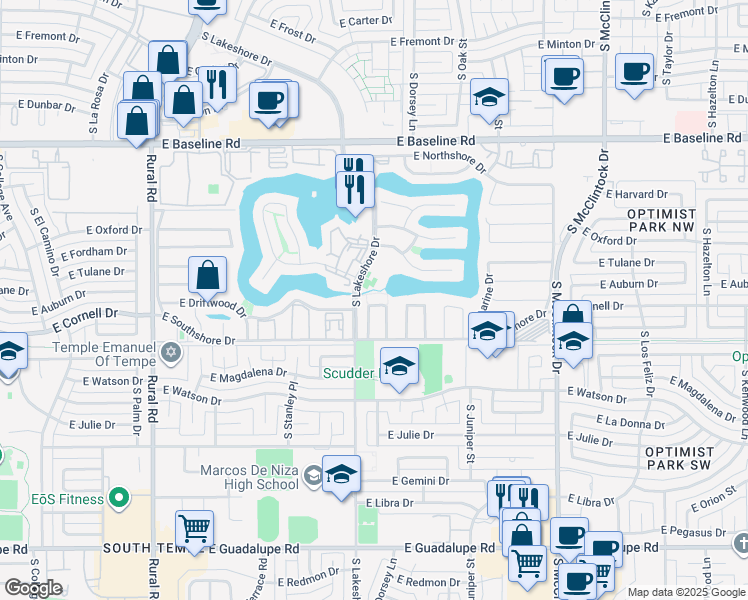 map of restaurants, bars, coffee shops, grocery stores, and more near 5616 South Jolly Roger Road in Tempe