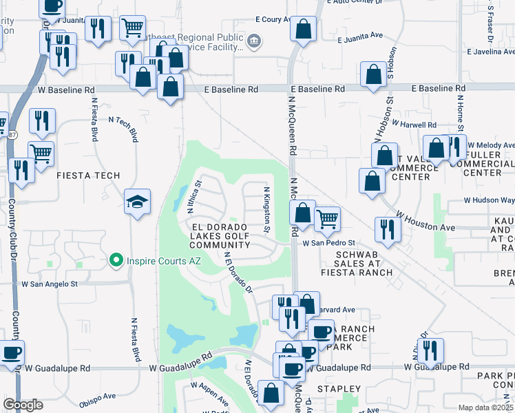 map of restaurants, bars, coffee shops, grocery stores, and more near 1670 West Houston Avenue in Gilbert