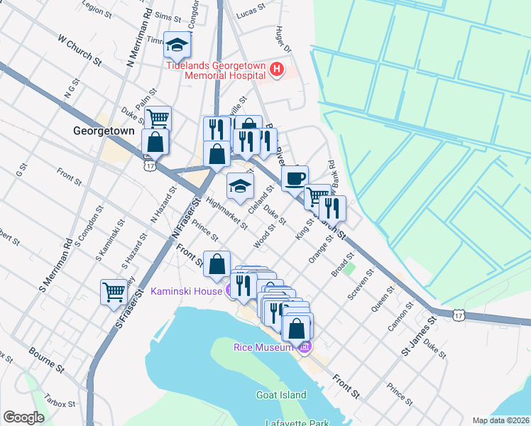 map of restaurants, bars, coffee shops, grocery stores, and more near 326 Wood Street in Georgetown