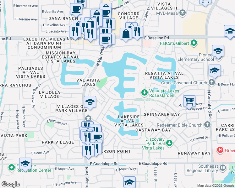 map of restaurants, bars, coffee shops, grocery stores, and more near 1157 North Date Palm Drive in Gilbert