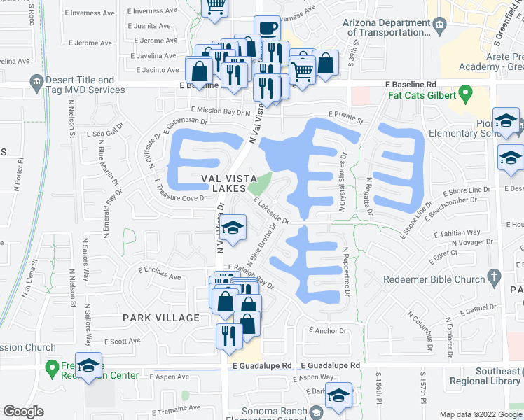 map of restaurants, bars, coffee shops, grocery stores, and more near 1633 East Lakeside Drive in Gilbert