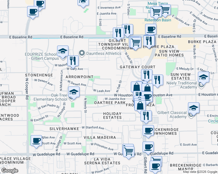 map of restaurants, bars, coffee shops, grocery stores, and more near 243 West Leah Avenue in Gilbert