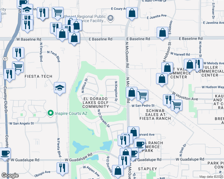 map of restaurants, bars, coffee shops, grocery stores, and more near 1670 West Houston Avenue in Gilbert