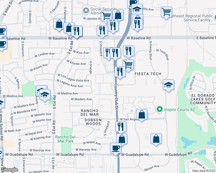map of restaurants, bars, coffee shops, grocery stores, and more near 2318 South Country Club Drive in Mesa