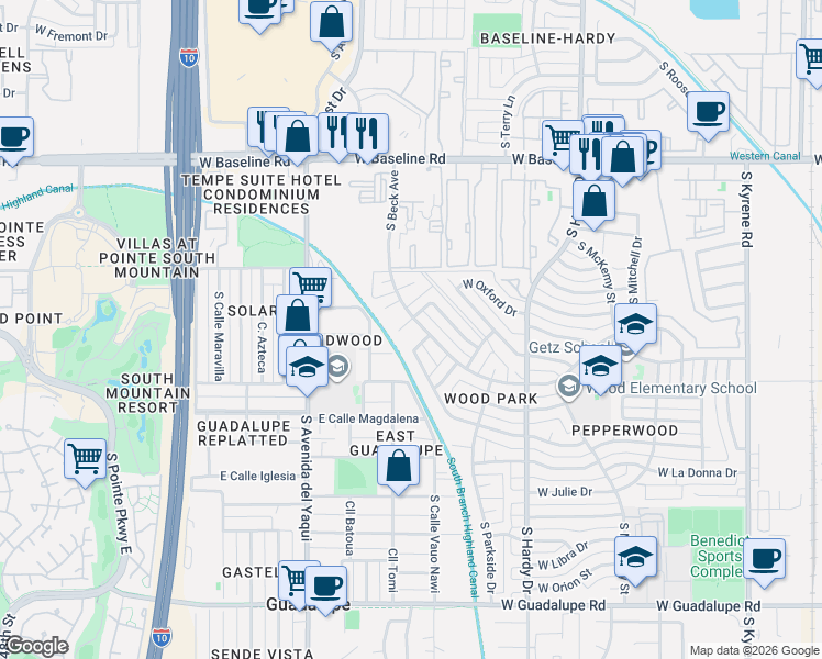 map of restaurants, bars, coffee shops, grocery stores, and more near 5725 South Beck Avenue in Tempe